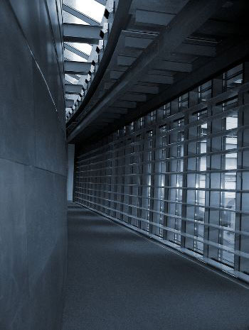 A blue-tinted hallway